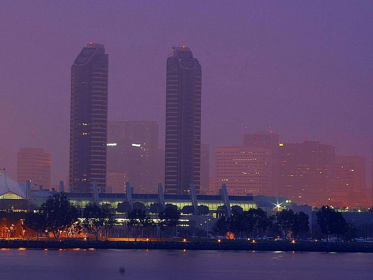 Foggy city skyline in the morning