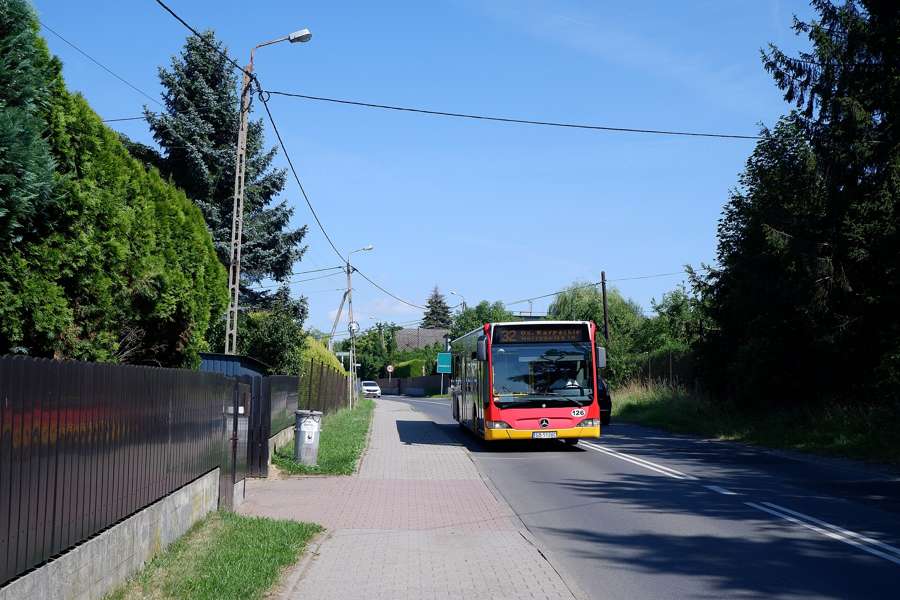 A red MZK bus on line 32 heading for the Karpacka estate in Bielsko-Biala