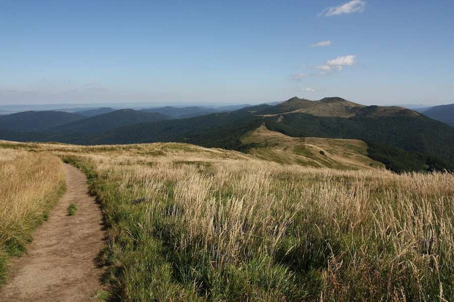 A trail across the golden grass ridge of Połonina Wetlińska in the Bieszczady