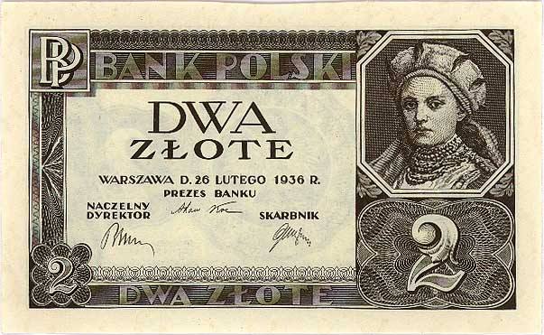 A Polish 2 złote banknote from 1936