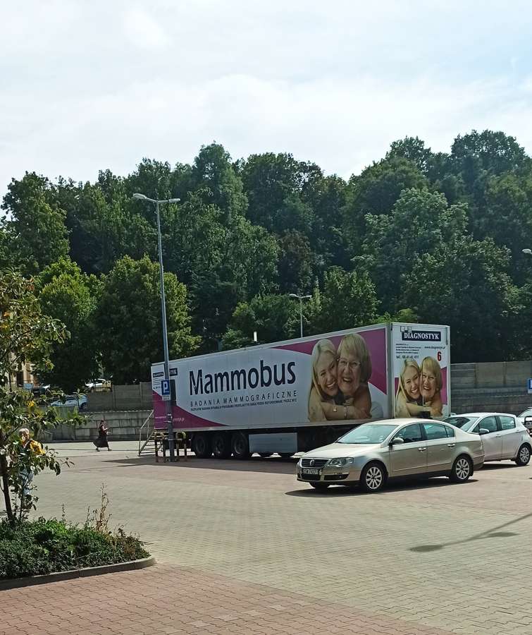 A mammobus - a mobile mammography unit of the national breast screening programme - parked at a supermarket in Poland