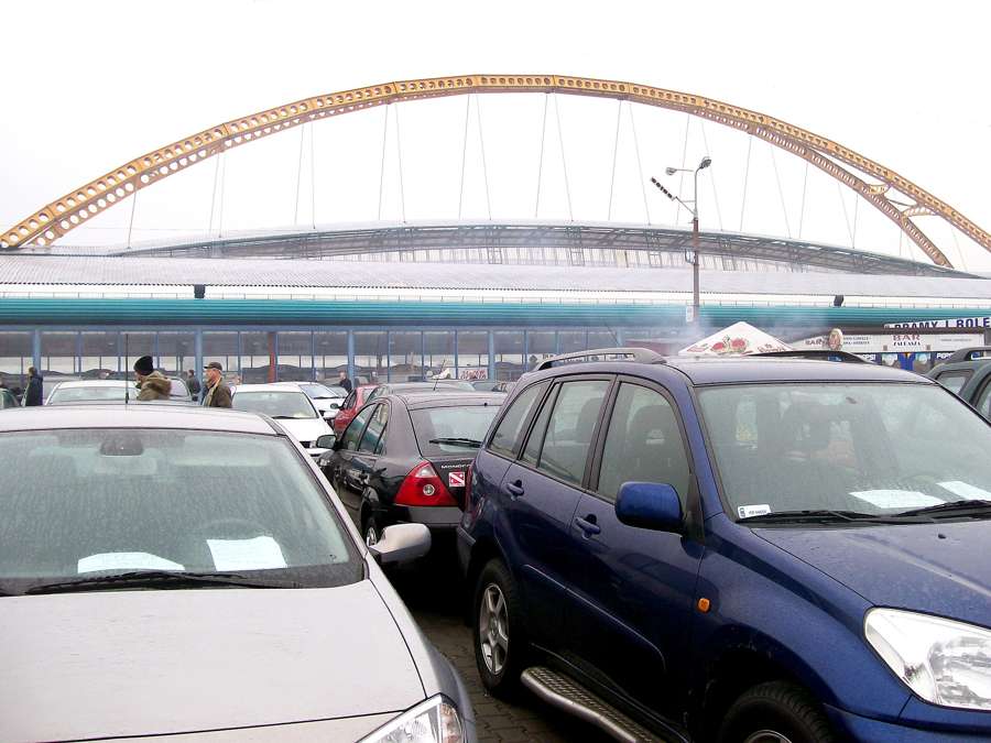 Used cars lined up for sale at the car market in Mysłowice, Poland