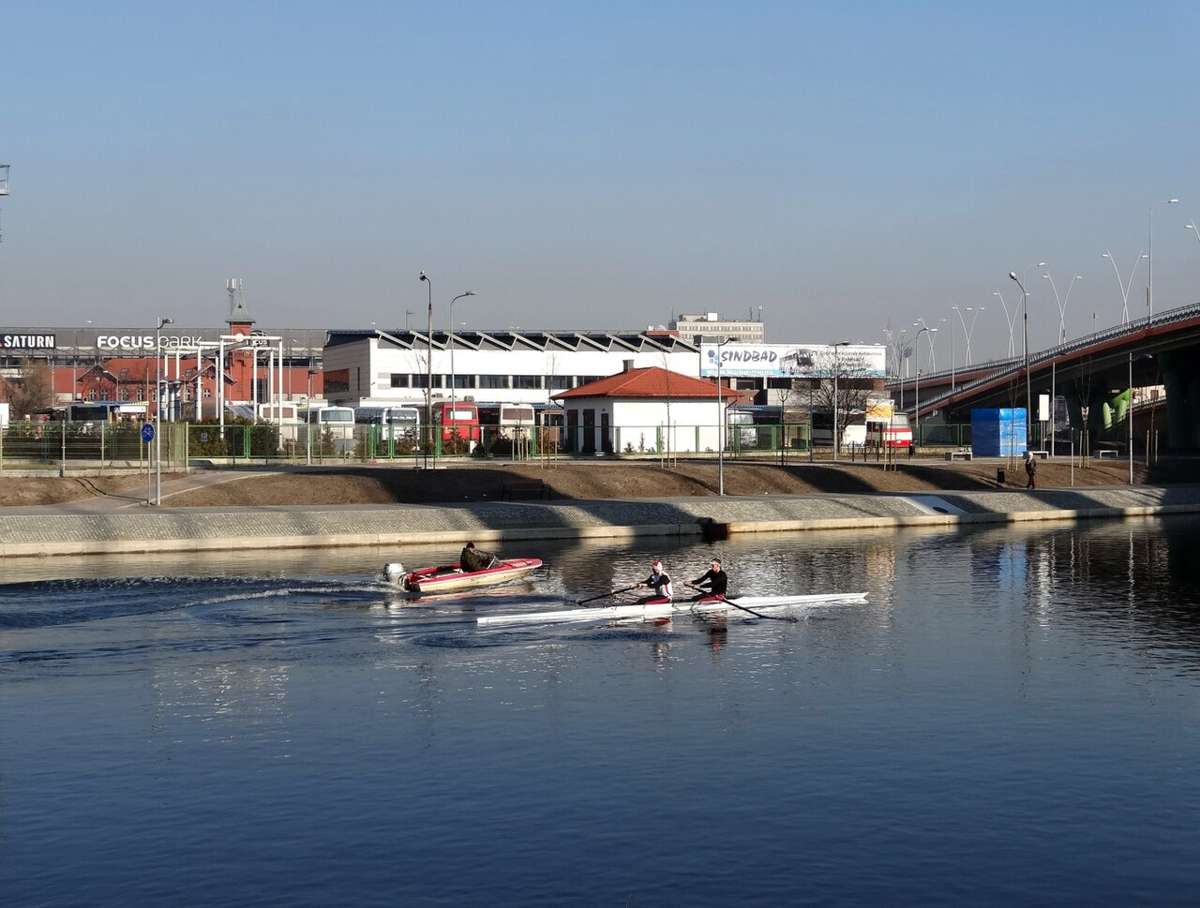 The Brda river and the bus station in Bydgoszcz