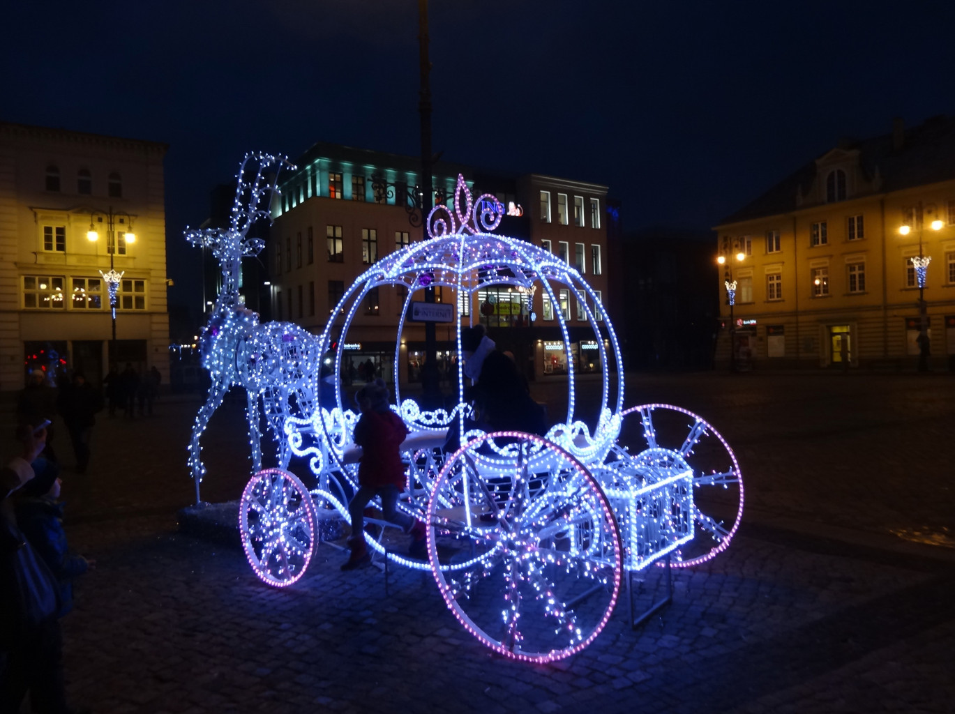 A light-up reindeer carriage, part of Bydgoszcz's Christmas illuminations on the Old Town square, January 2015