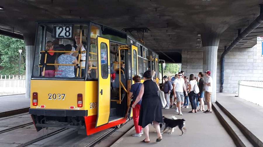 A tram on a street in Warsaw, Poland