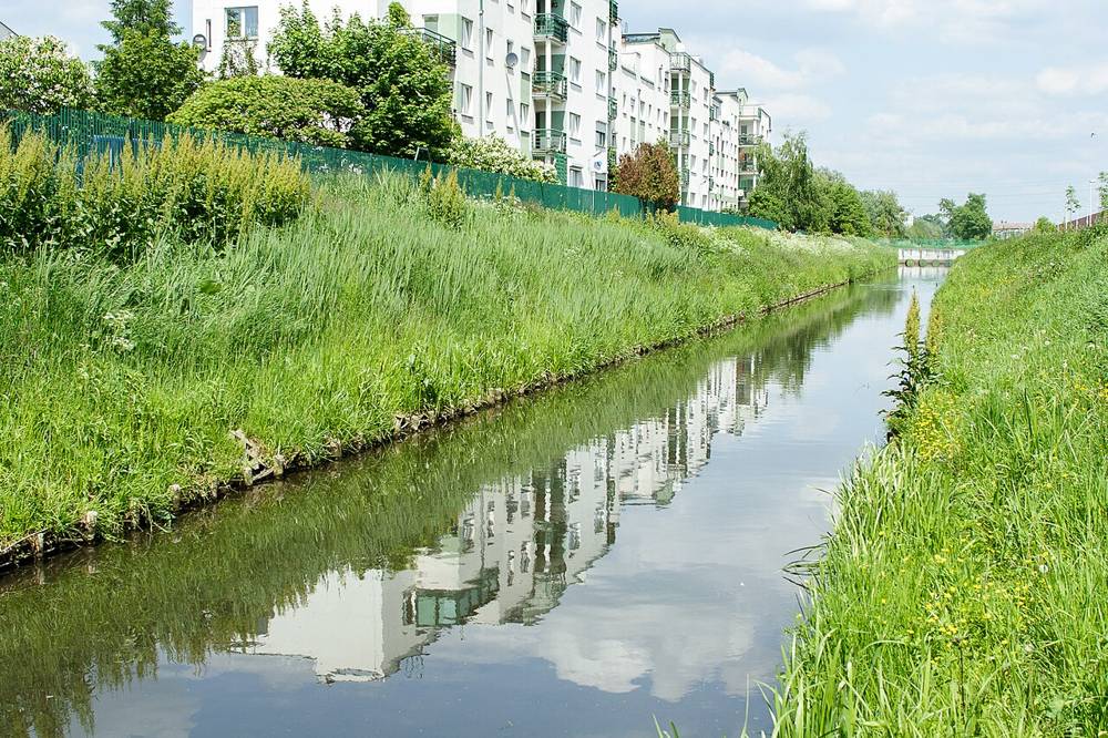 Canal beside housing estates in Gocław, Warsaw