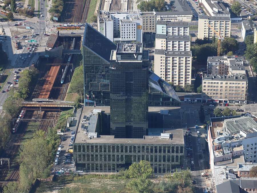 Aerial view of central Warsaw with the Warta Tower