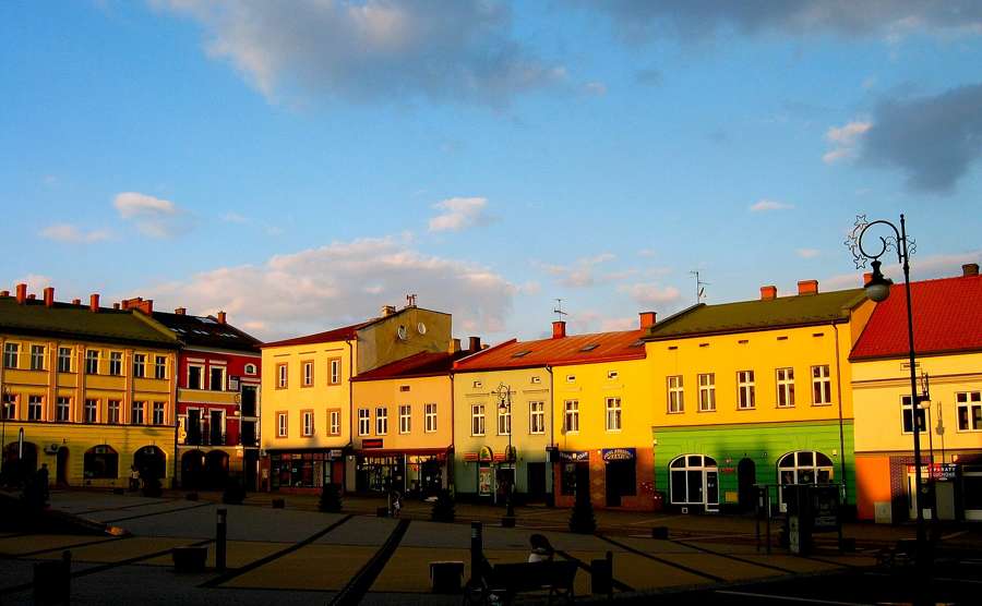 Market square in Chrzanów with colourful tenement houses
