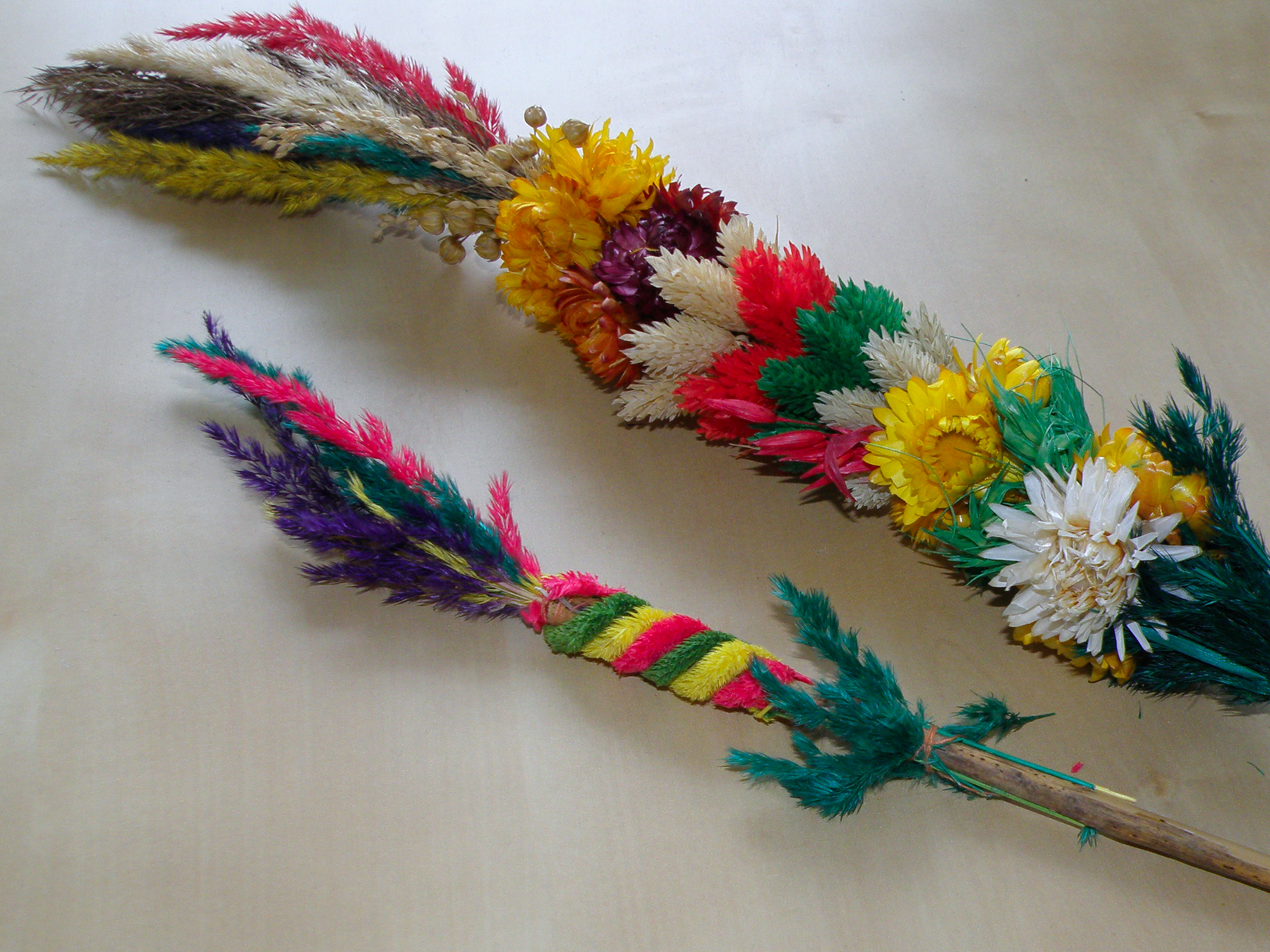 Traditional Polish Easter palms, palmy wielkanocne, made of willow, catkins, dried flowers and colored paper