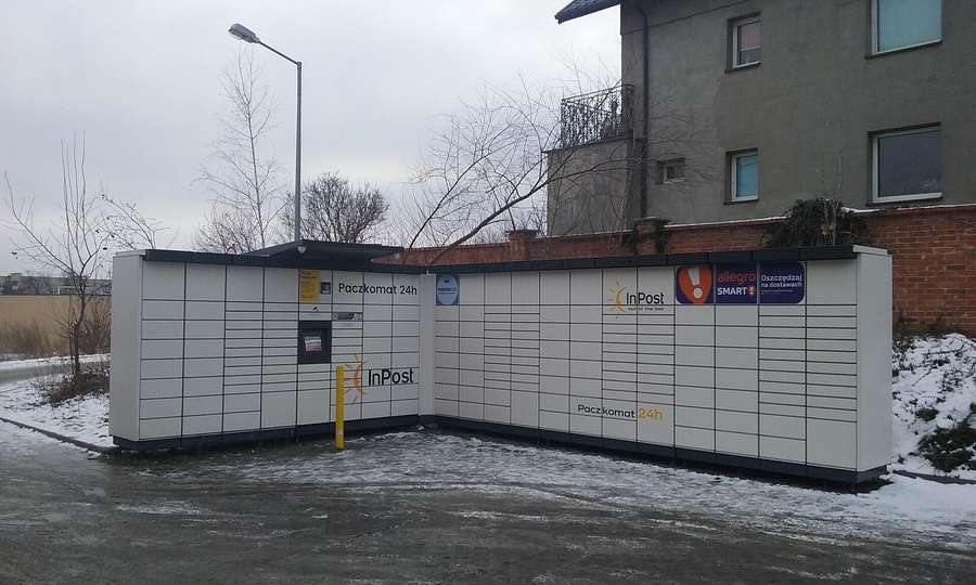 InPost Paczkomat parcel lockers with an Allegro Smart sticker in Tomaszow Mazowiecki, Poland