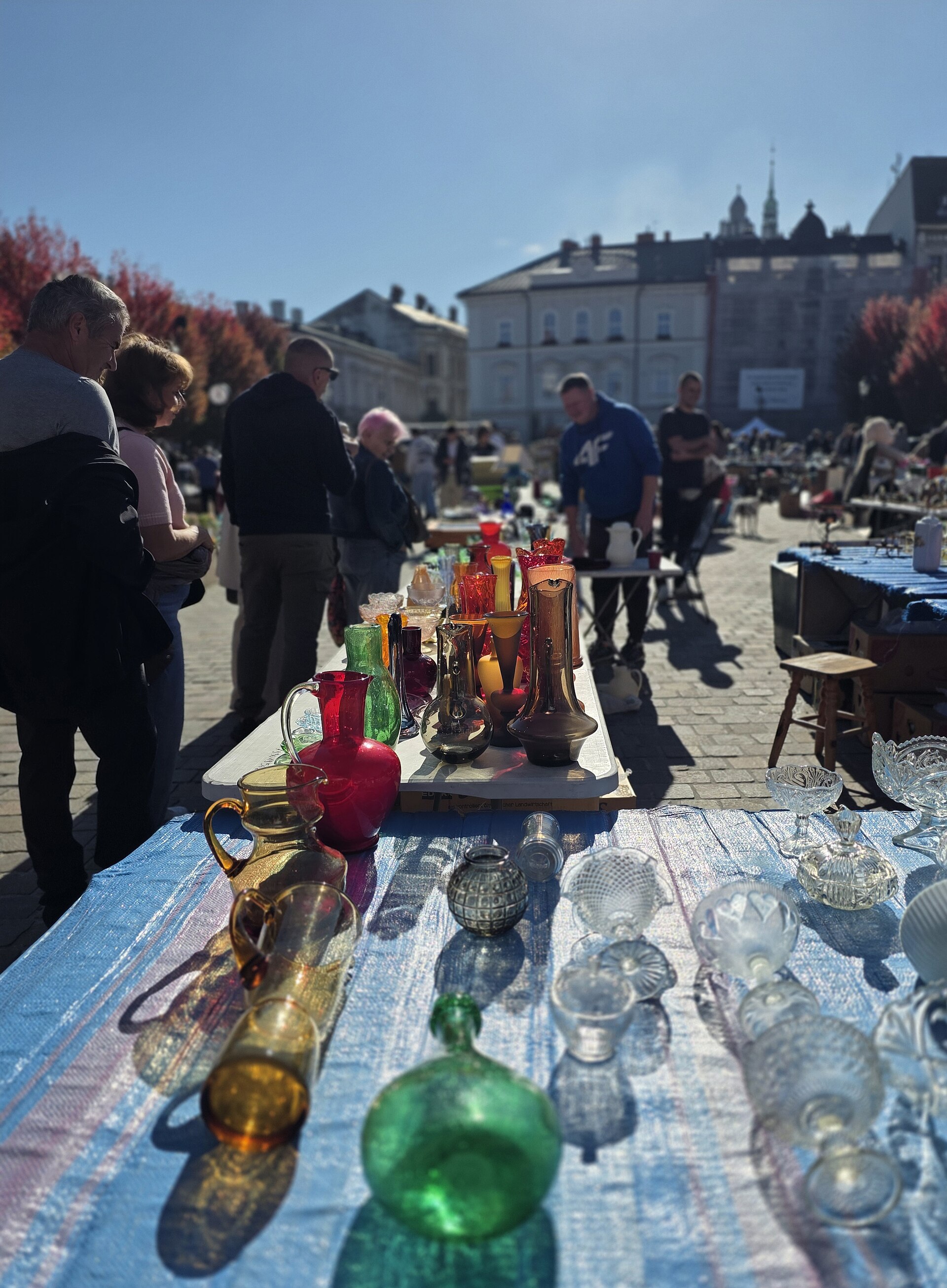 Vintage glassware on a stall at a flea market in Bielsko-Biala