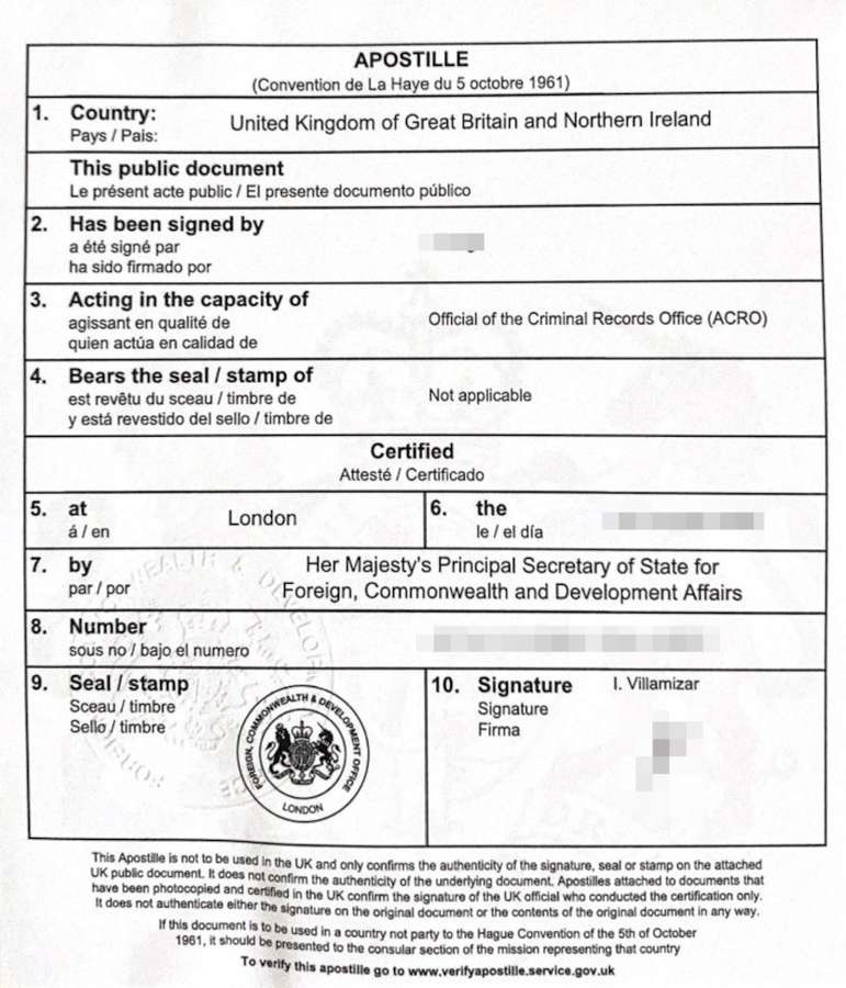 A UK apostille certificate - the one-page authenticity stamp used for non-EU documents