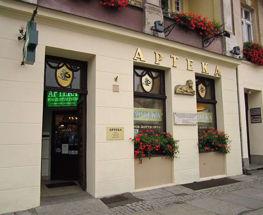 A traditional Polish apteka storefront, the Apteka Pod Zlotym Lwem in Poznan