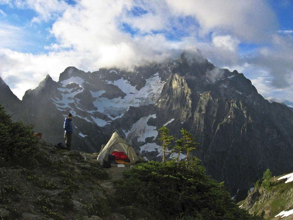 Tent camping in a forest