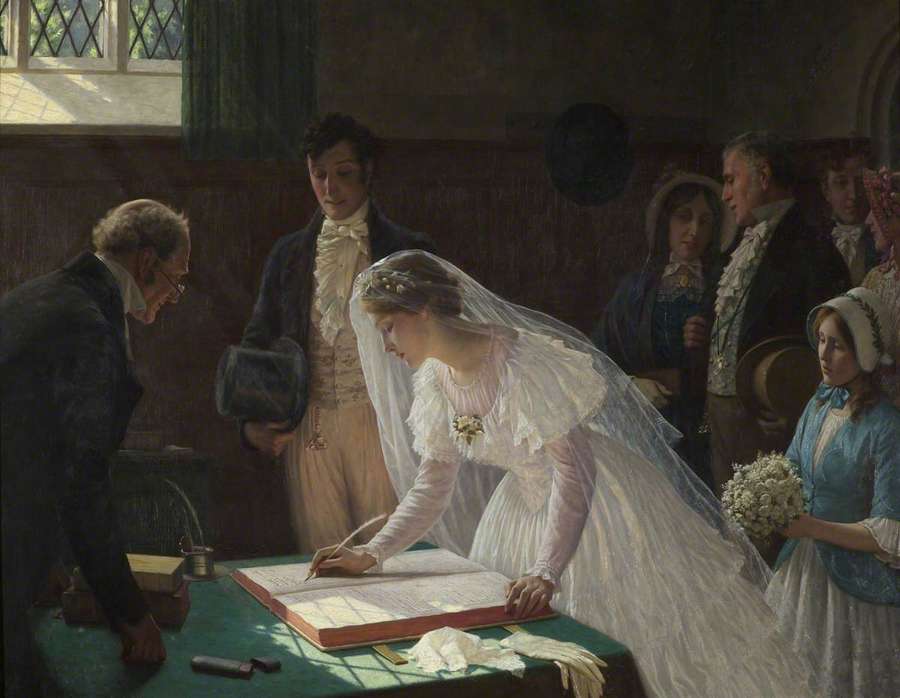 A couple signing a marriage register, a 19th-century painting by Edmund Blair Leighton
