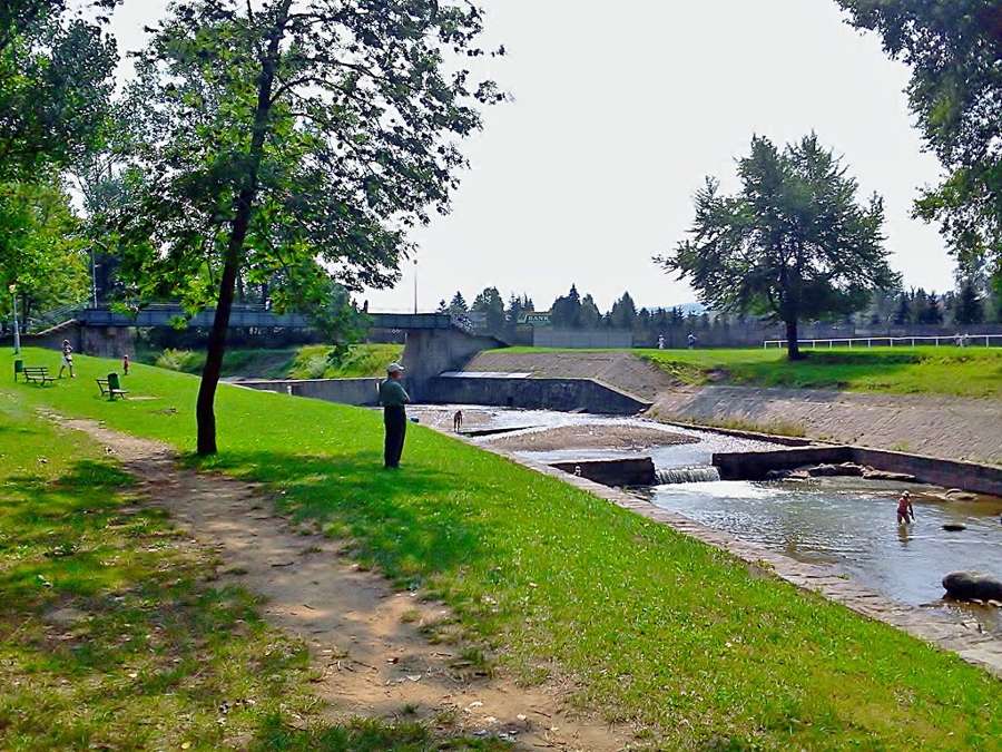 A green city park in Gorlice with a footpath running along the Sękówka river