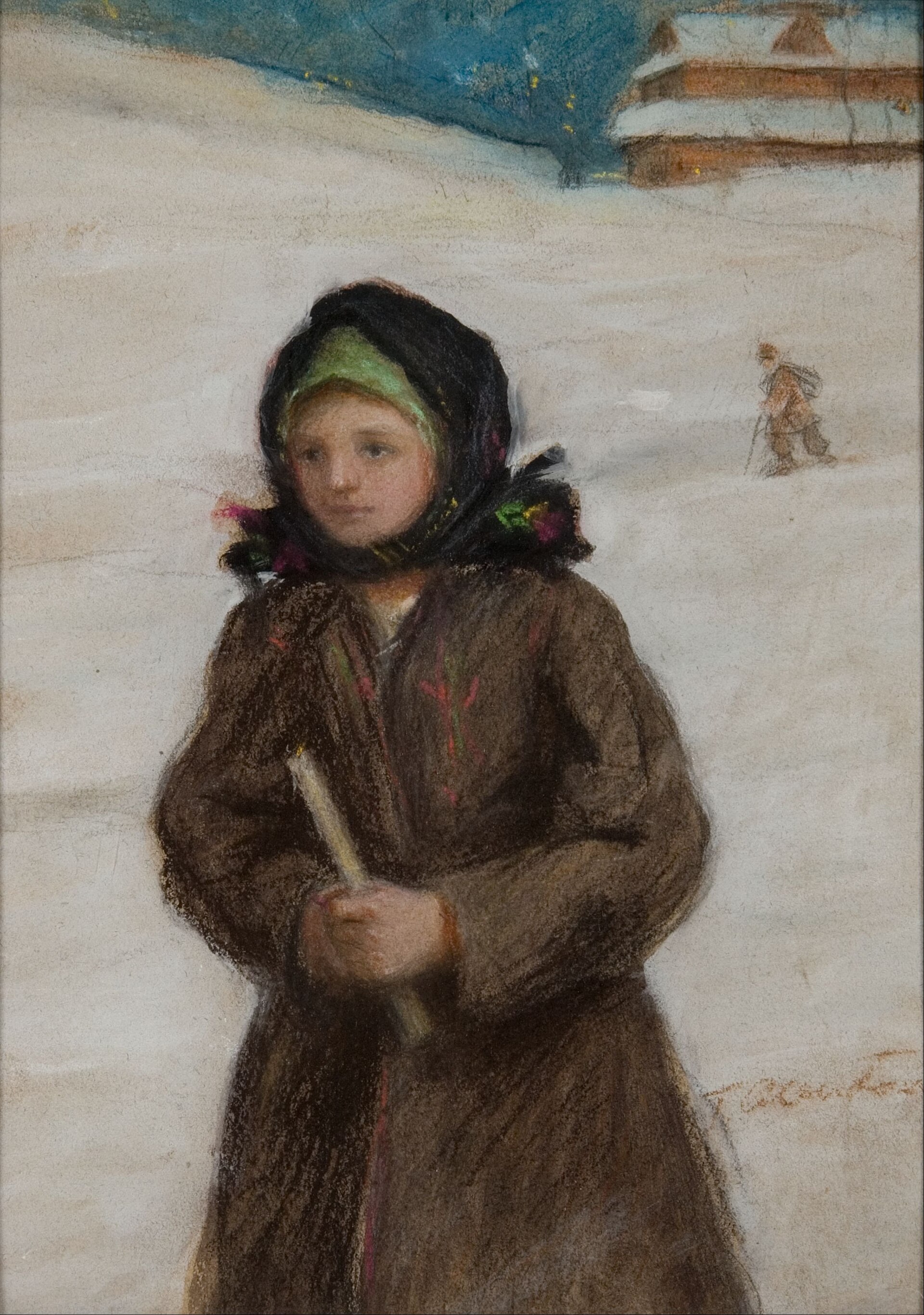 Painting of a girl in a snowy landscape holding a gromnica candle, with a wooden church behind