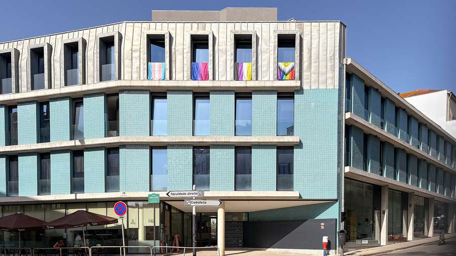 Pride flags hanging from the windows of a modern building