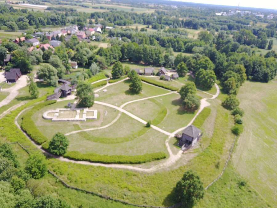 Aerial view of the reconstructed early medieval ringwork at the Zawodzie archaeological reserve in Kalisz