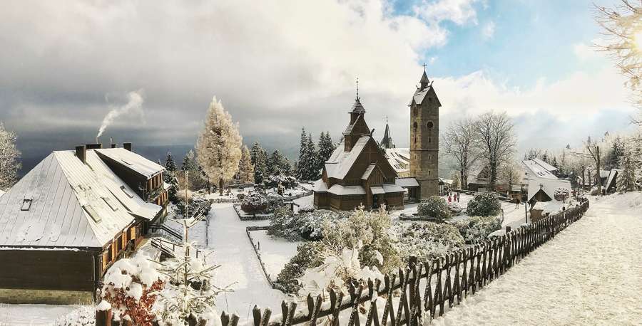 The Wang stave church in Karpacz after an early snowfall