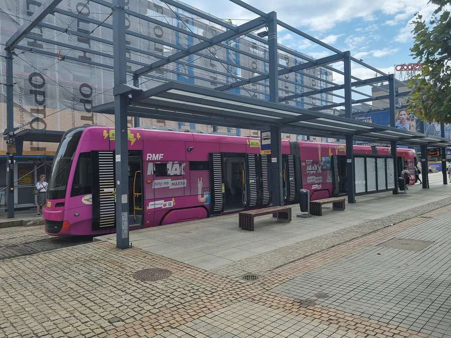 A tram at a covered tram stop in the centre of Katowice