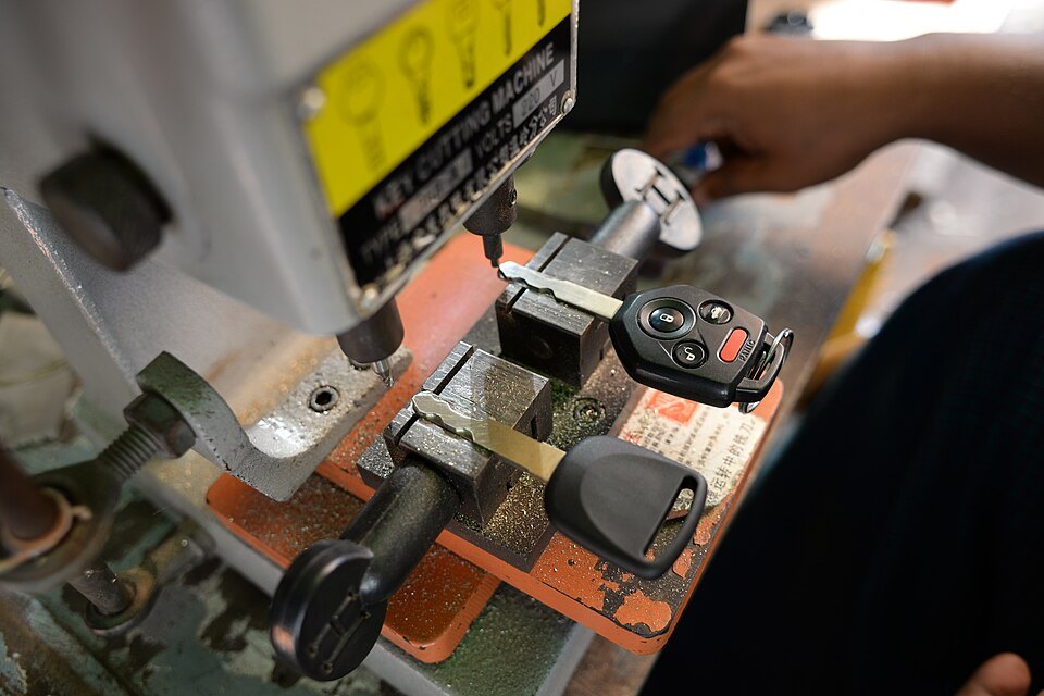A car key being duplicated on a cutting machine in November 2017