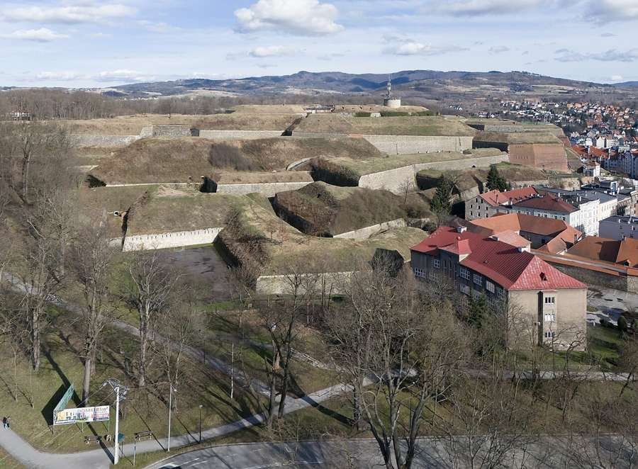 Panorama of the Kłodzko fortress bastions above the town