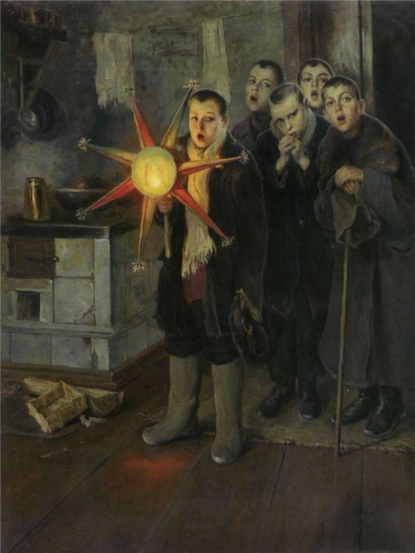 Mykola Pymonenko's 1880 painting of carolers with a star singing in a village interior