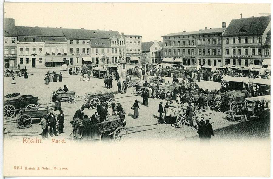 Historic postcard of the market square in Koszalin, Poland