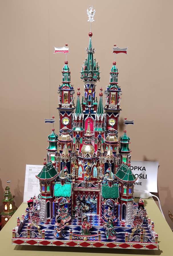 Prize-winning Krakow szopka nativity crib with colourful spires and figurines