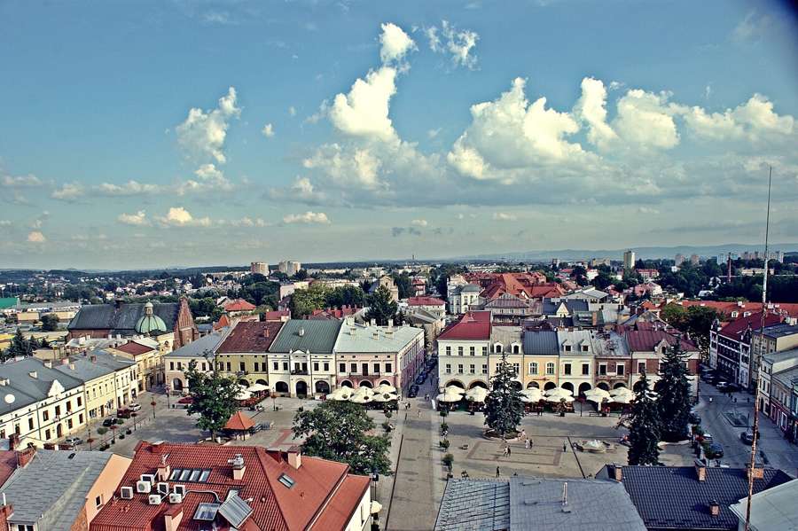 The market square of Krosno seen from above, with historic houses and rooftops