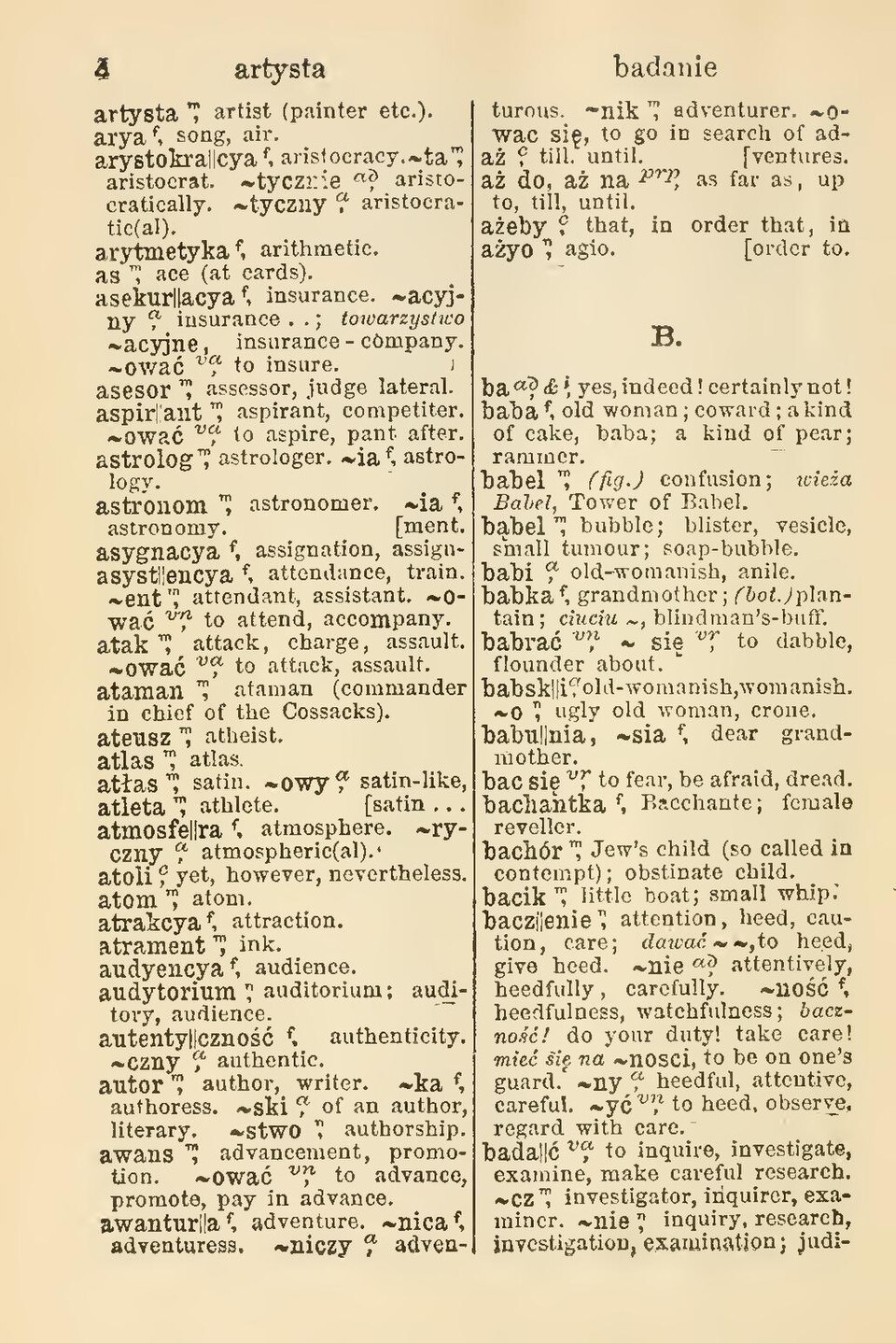 A page from Burt's Polish-English dictionary, 1885, showing two-column entries from artysta to badanie