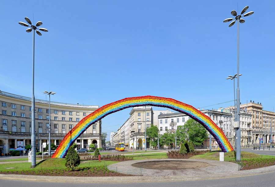 Plac Zbawiciela in Warsaw with the Tecza rainbow installation that stood there from 2012 to 2020 - a landmark of the city's LGBTQ+ history