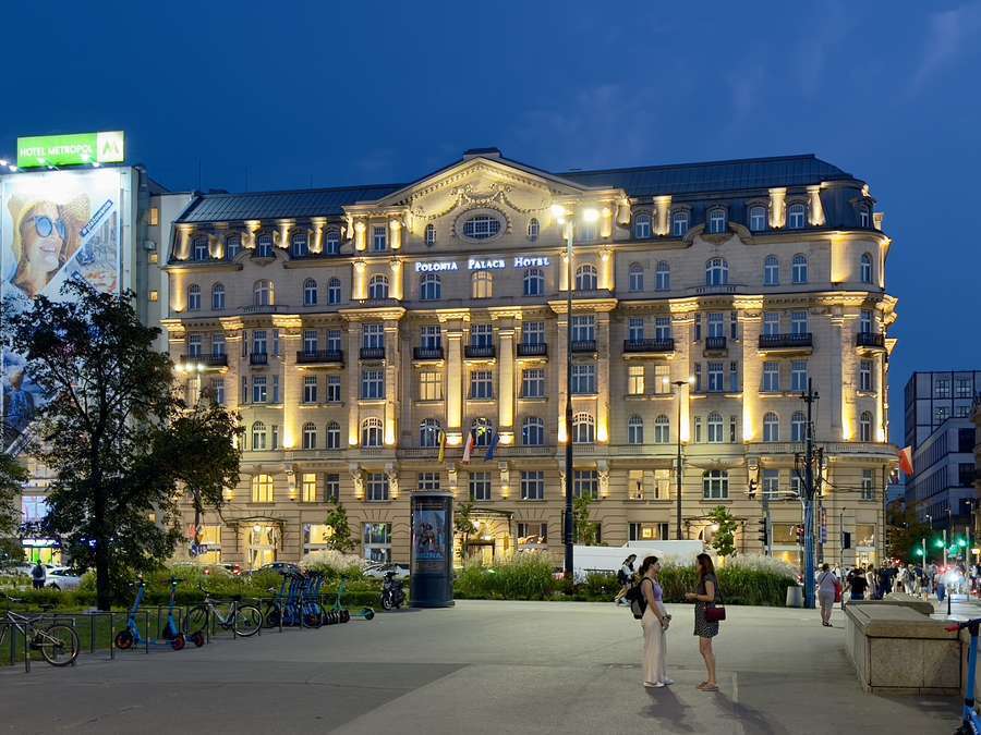 The Polonia Palace Hotel in Warsaw at dusk