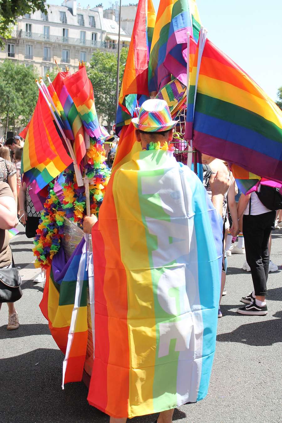 A rainbow flag stall at a Pride event