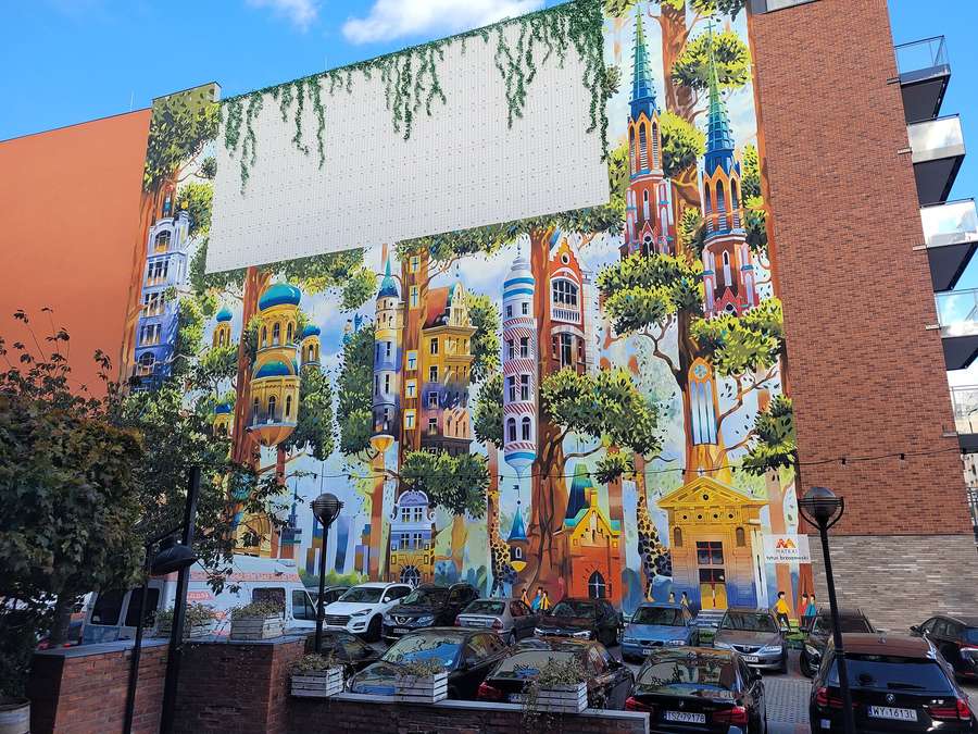 The mural on Okrzei street in Praga Północ, the Warsaw district where several specialist lingerie salons are based