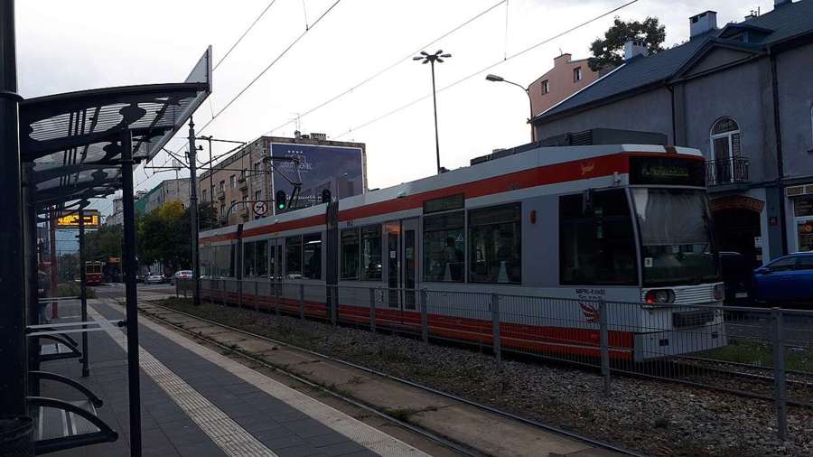 A tram on a street in Łódź