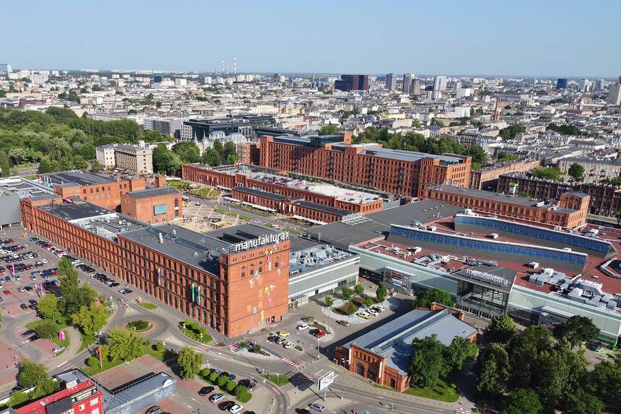 Aerial view of the red-brick Manufaktura complex in Łódź
