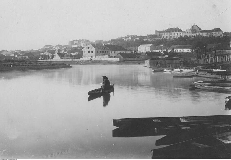 Historic view of the Narew river and the town of Łomża