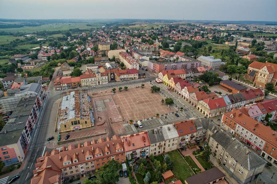 Aerial view of Łomża's old town square and rooftops