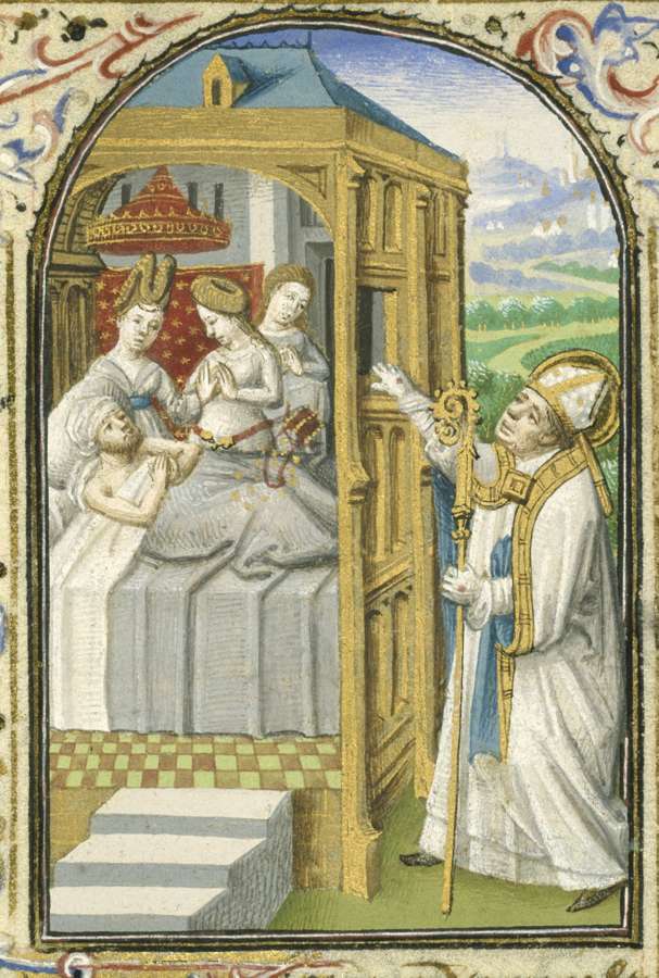 A fifteenth-century illumination of St Nicholas of Myra secretly giving dowries to three poor sisters