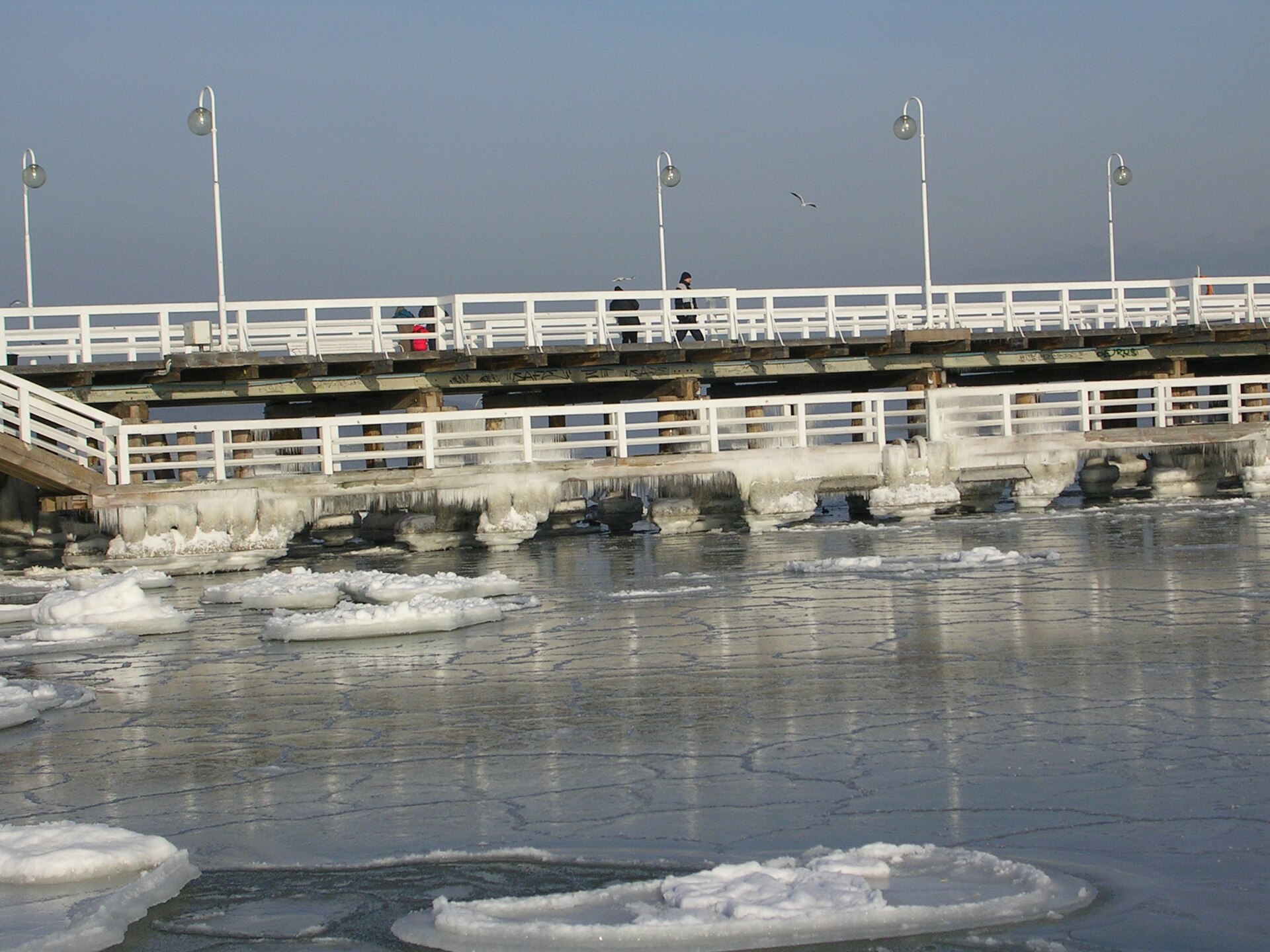 The wooden pier in Sopot surrounded by ice floes on a grey winter day