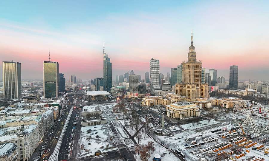 The Warsaw skyline at dusk in winter