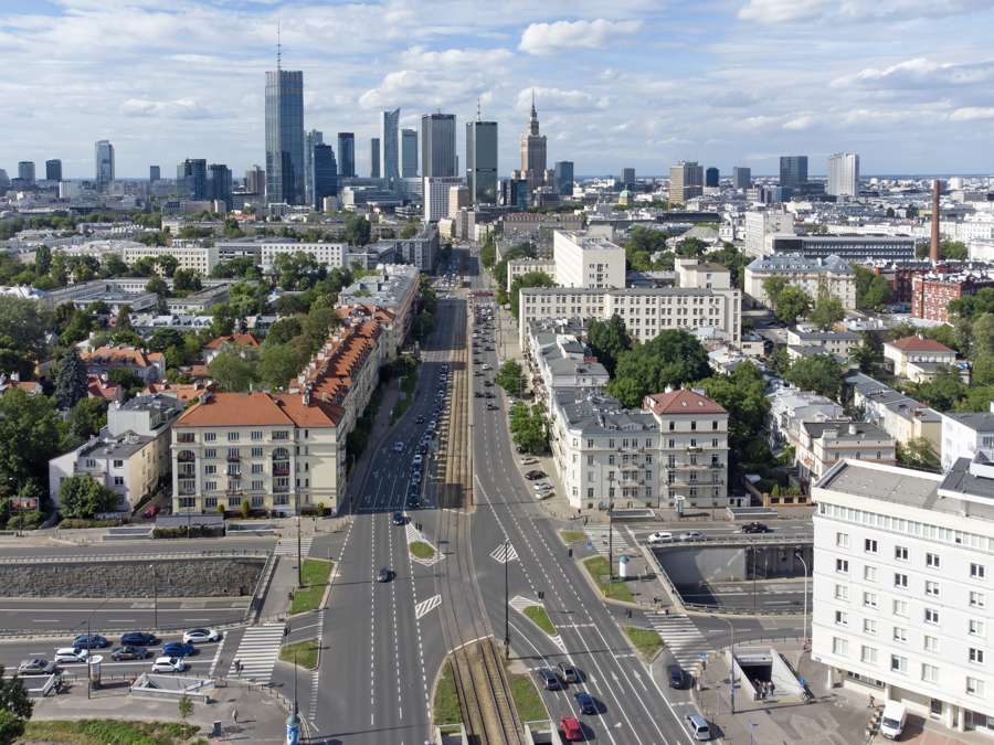 Aerial view of Warsaw with Aleja Niepodległości leading toward the city centre