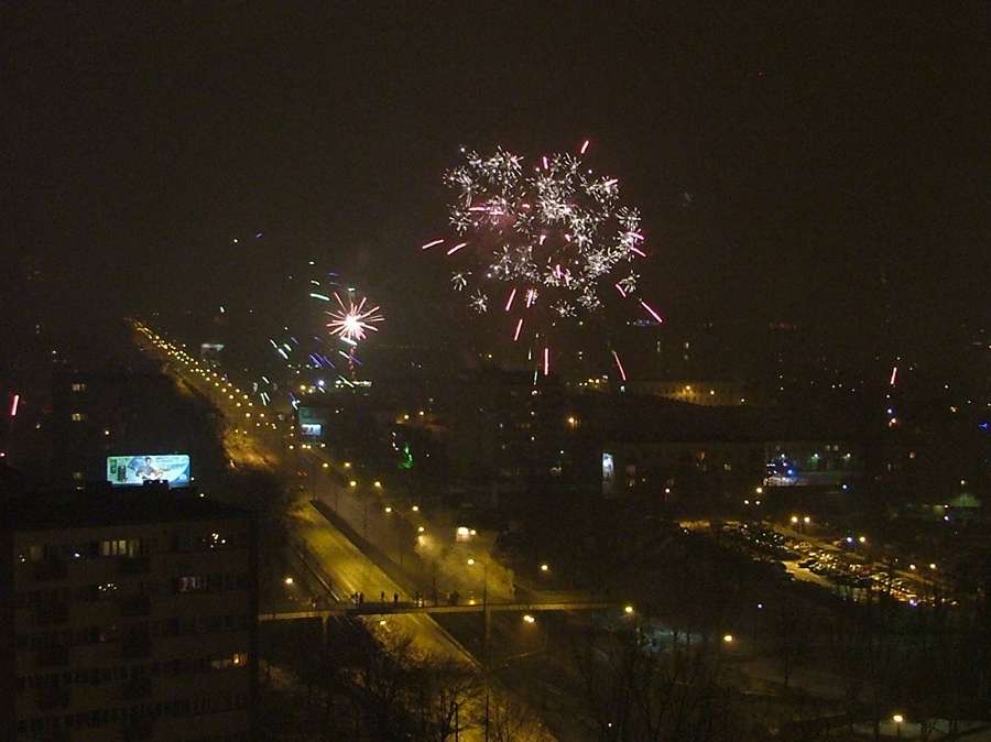 Fireworks over Warsaw at midnight on New Year's Eve