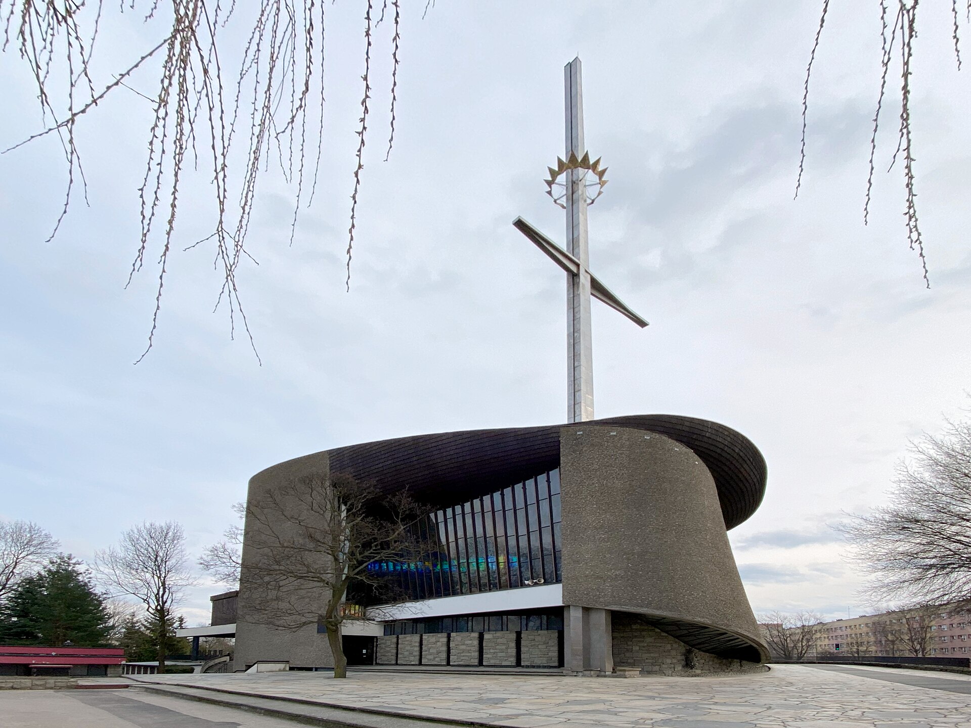 The Lord's Ark church in Nowa Huta with its boat-shaped roof and 68-metre cross