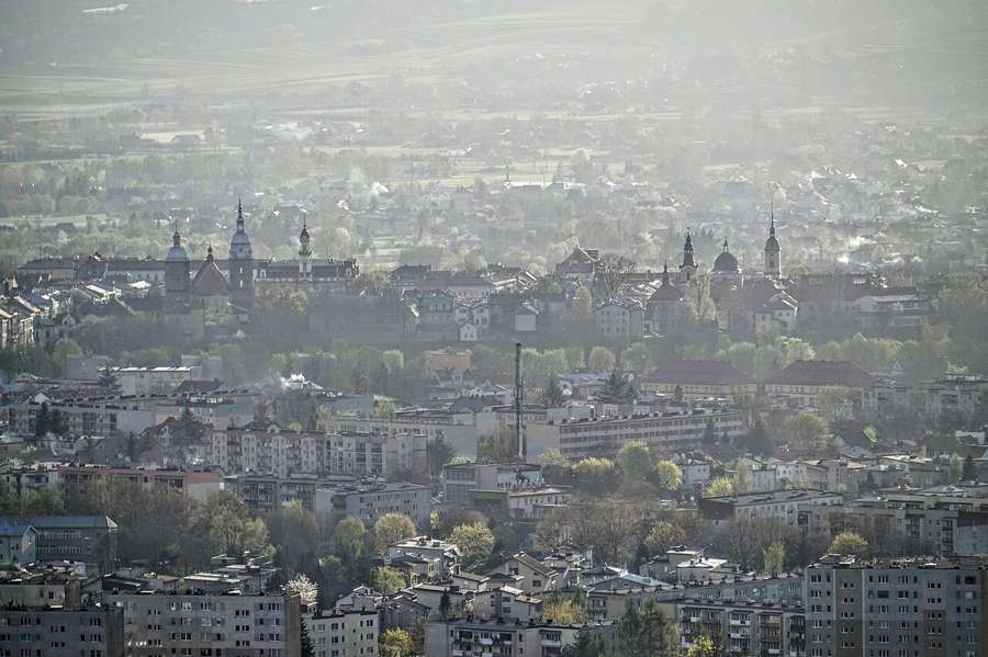 Rooftops and church towers of Nowy Sącz seen from above