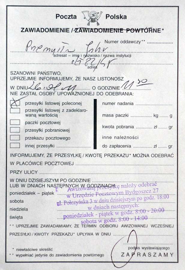 A Polish postal collection notice (awizo) - collect the letter even if you cannot read Polish; uncollected mail is legally delivered after 14 days