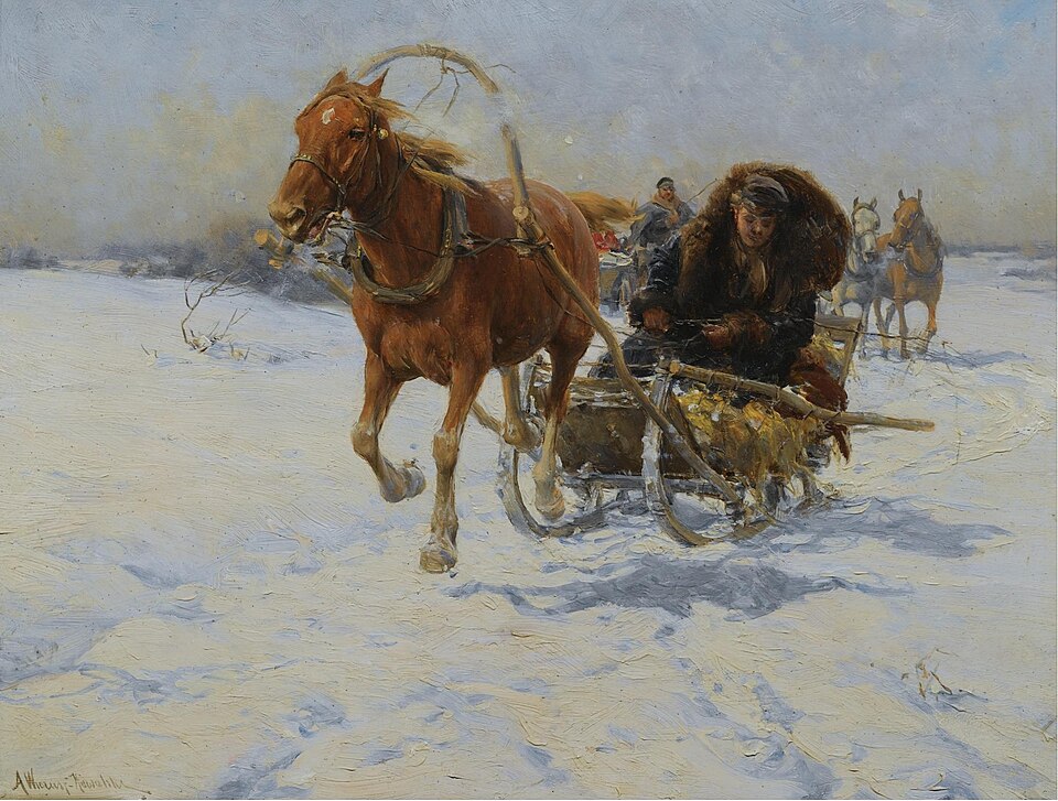 Kulig jednokonny, a one-horse sleigh ride painted by Alfred Wierusz-Kowalski