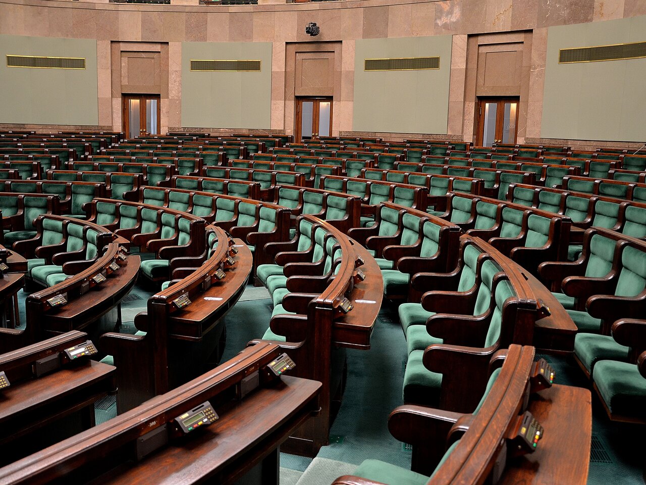 The plenary hall of the Sejm, the lower house of the Polish parliament, in Warsaw